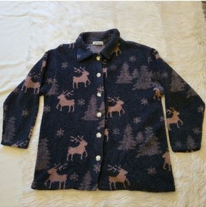 Onque Casuals L Button Up Jacket Sherpa Shirt Top Christmas Tree Reindeer Black